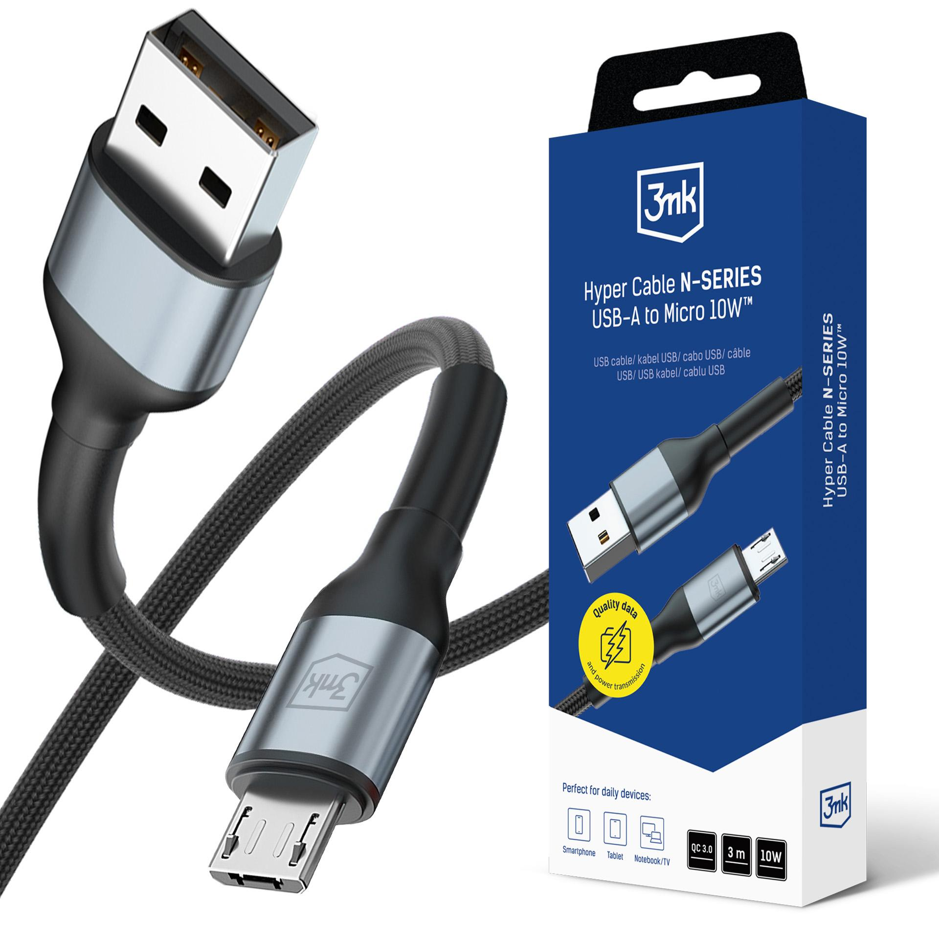 Un cavo da USB-A a Micro con rivestimento in tessuto e connettori argentati.
