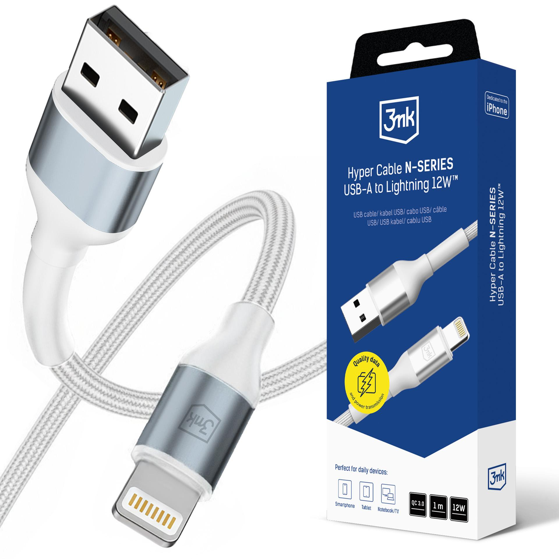 Un cavo bianco da USB-A a Lightning con accenti argentati giace su una scatola.