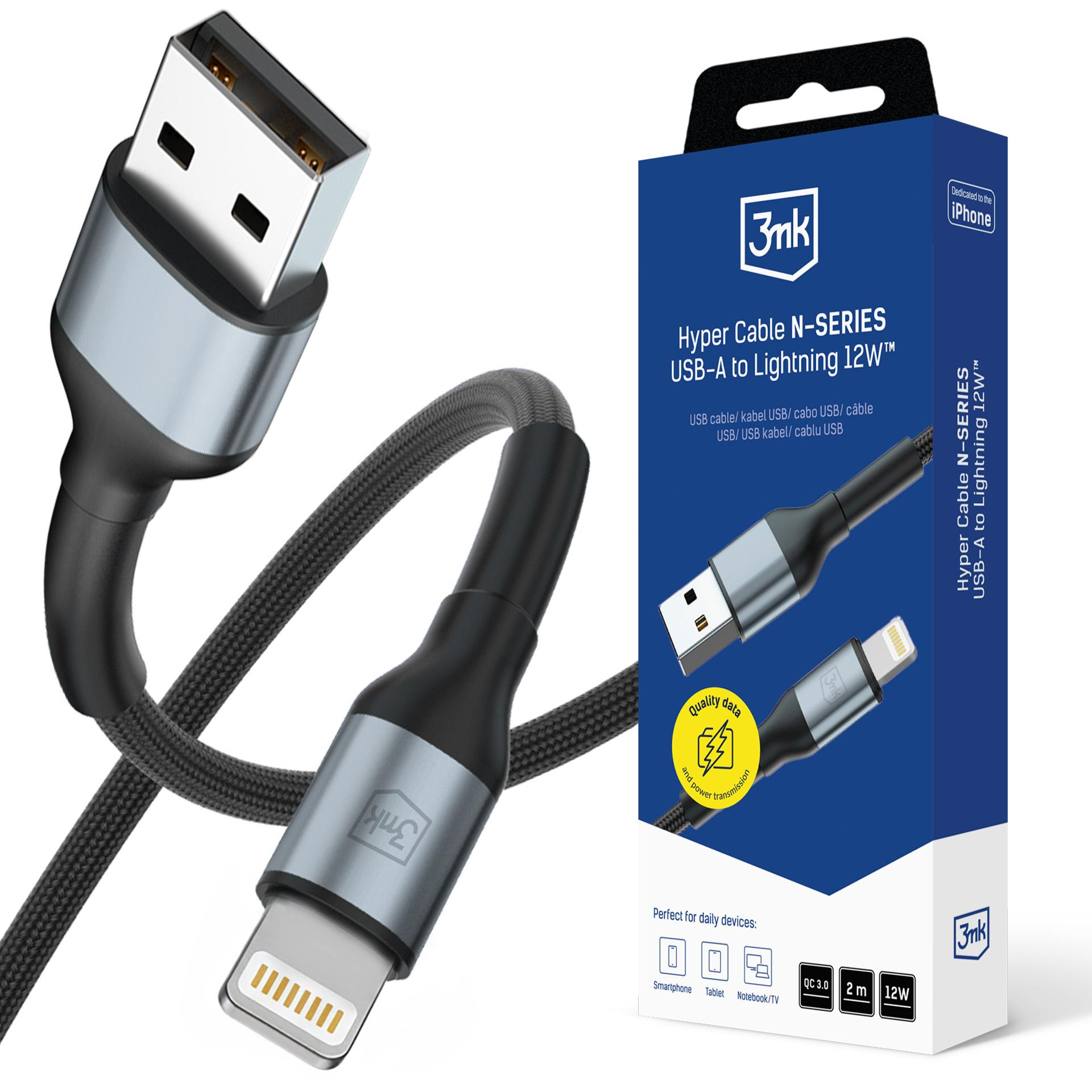 Cavo 3mk Hyper N-Series da USB-A a Lightning, grigio e nero. Confezione mostra dettagli.