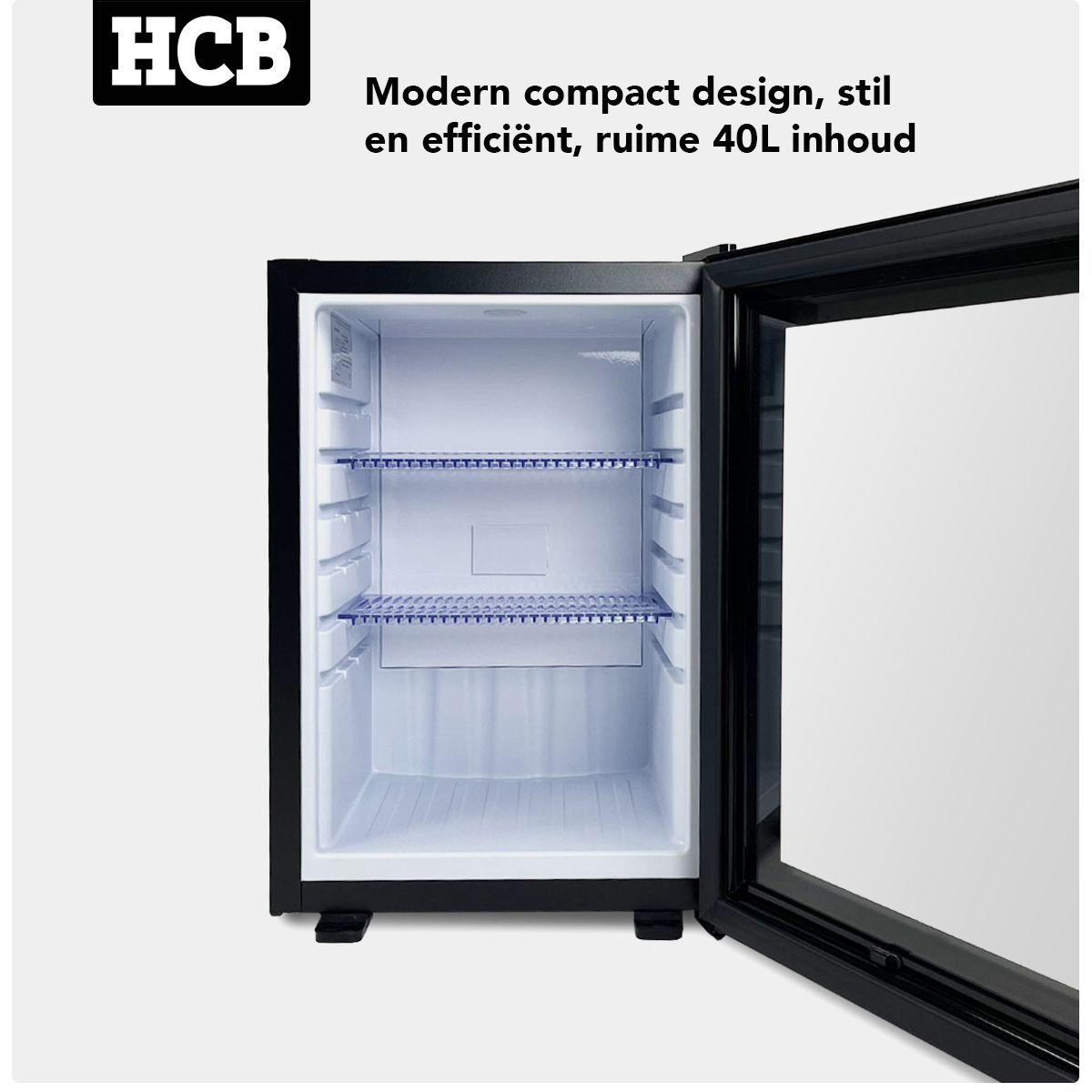 A black, empty mini-fridge with its glass door open and blue shelves inside.