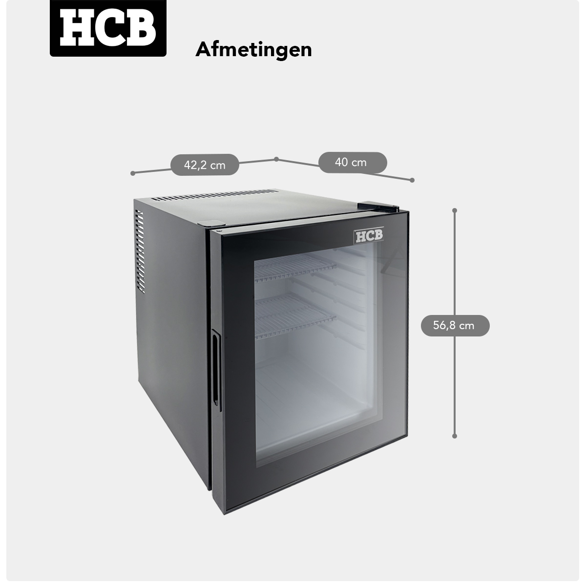Black mini fridge with glass door, dimensions 42.2x40x56.8 cm.