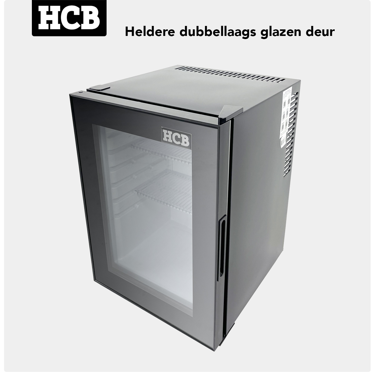A small black refrigerator with a glass door and HCB logo.
