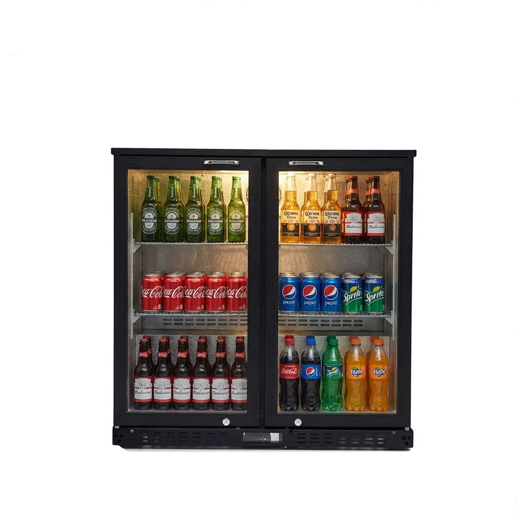 Een zwarte koelkast met glazen deuren, gevuld met bierflesjes, frisdrankblikjes en frisdrankflessen.