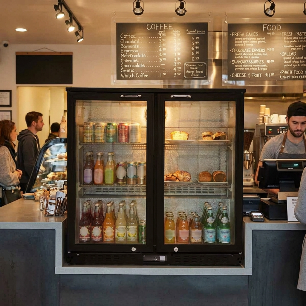 Een koelkast met dranken en gebak in een café. Menu's hangen erboven.