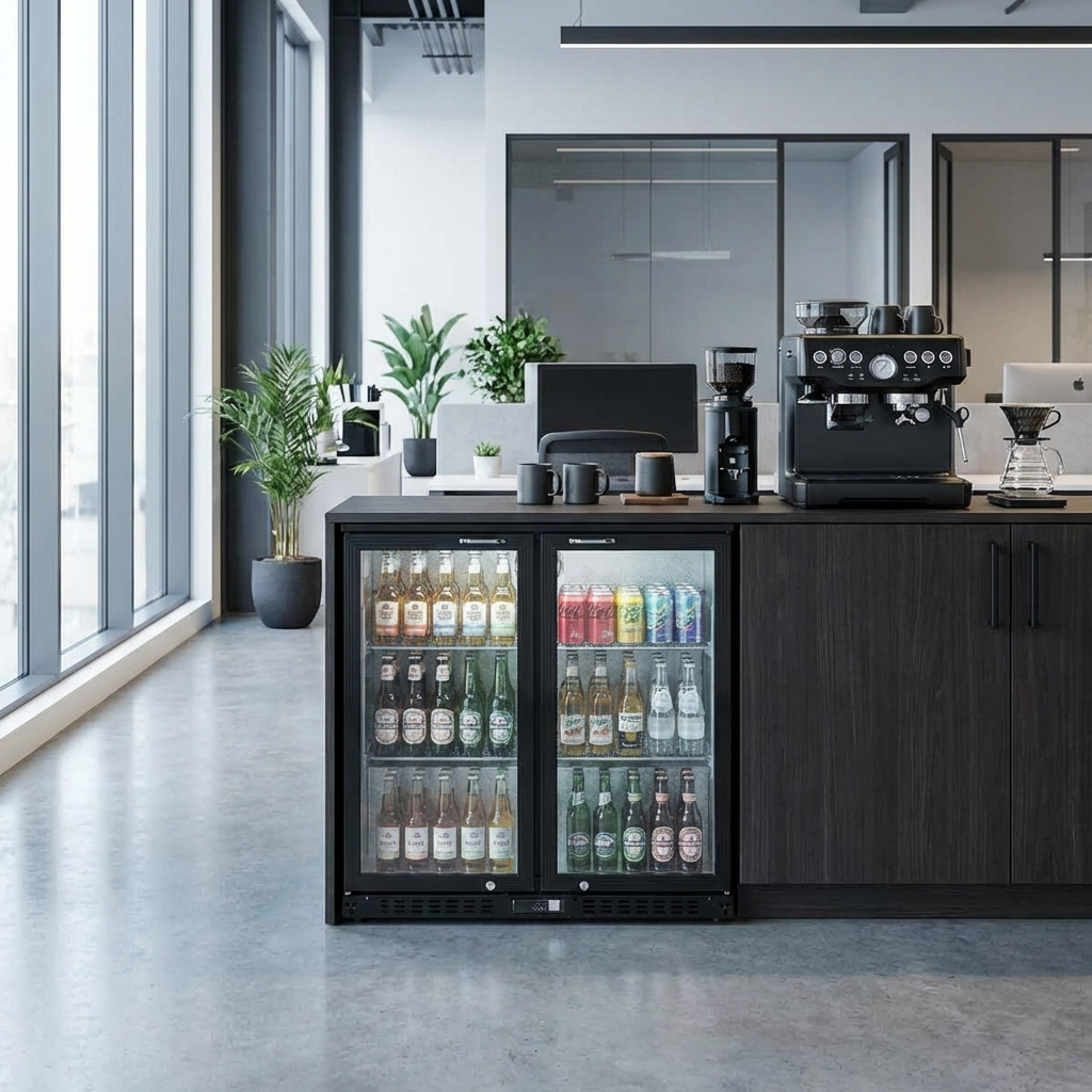 Een koffiehoek op kantoor met een drankkoelkast en espressomachine.
