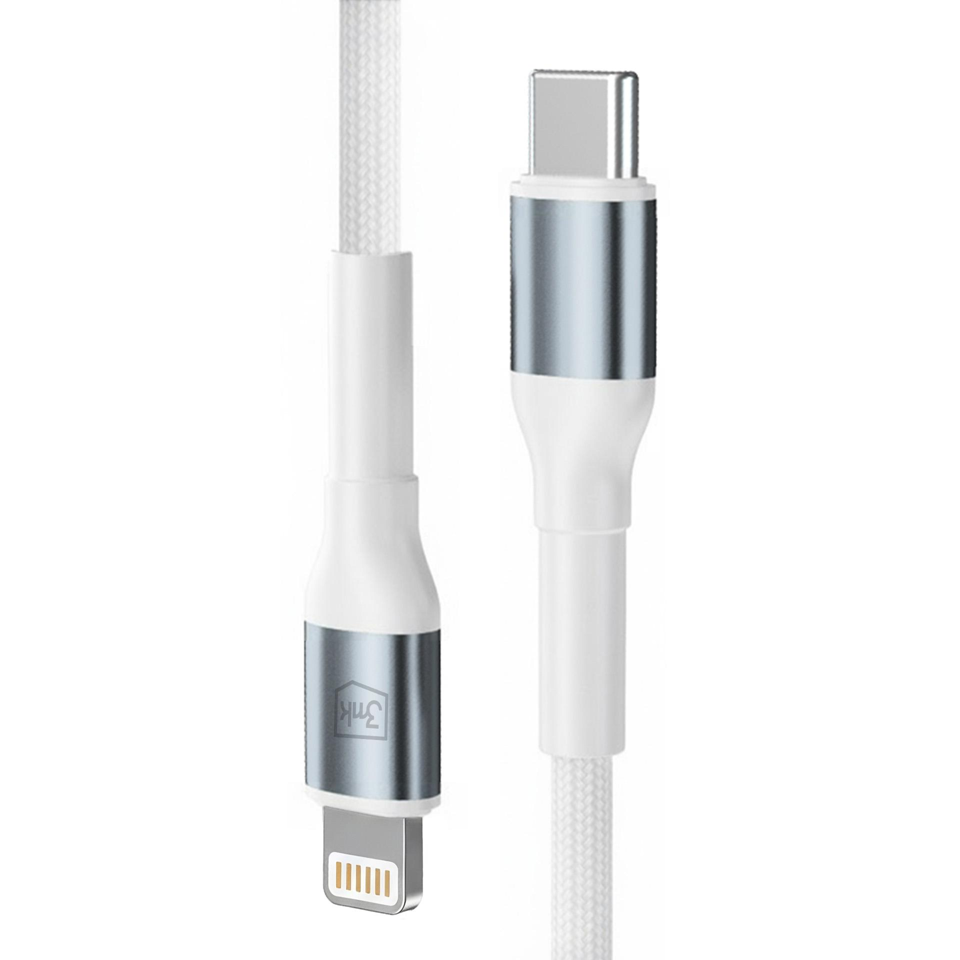 Un cavo USB-C e Lightning bianco con connettori argentati.