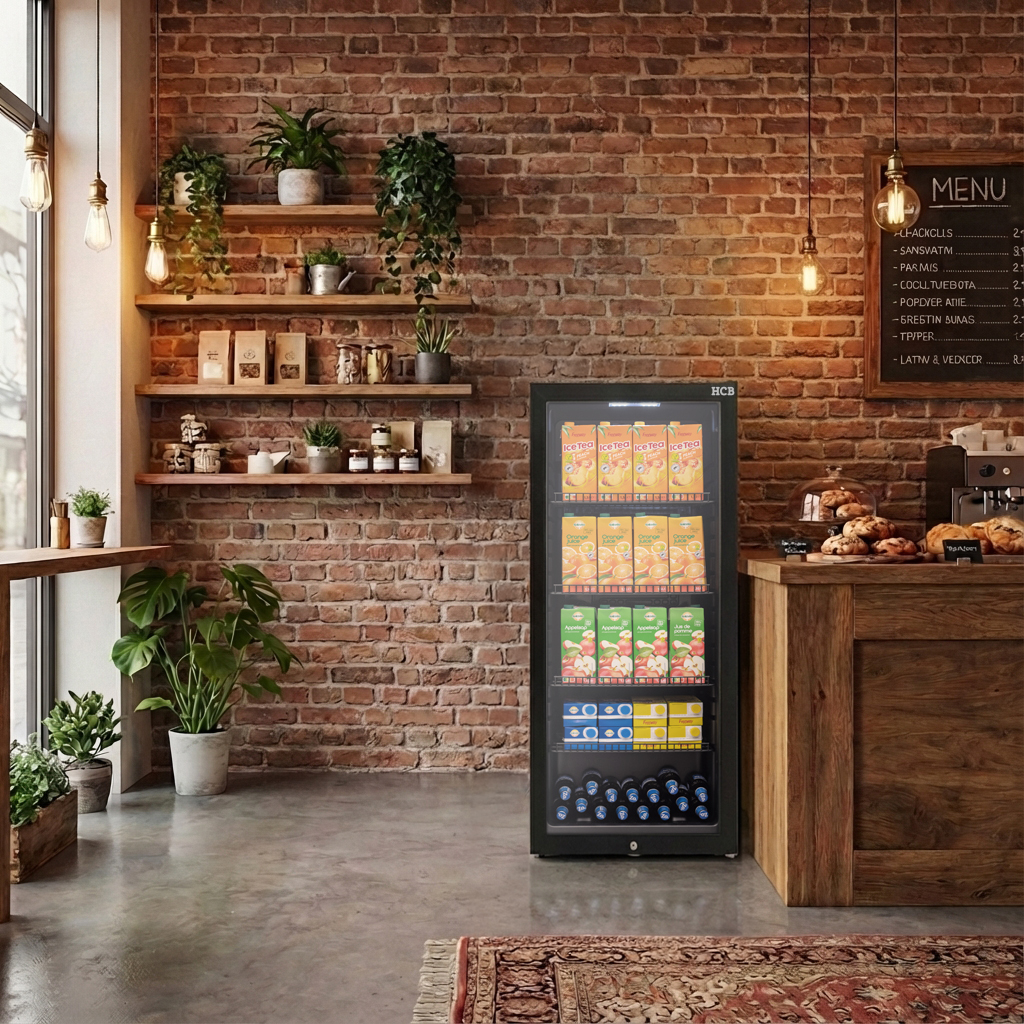 Een zwarte koelkast met dranken en sappen naast een houten toonbank in een café.