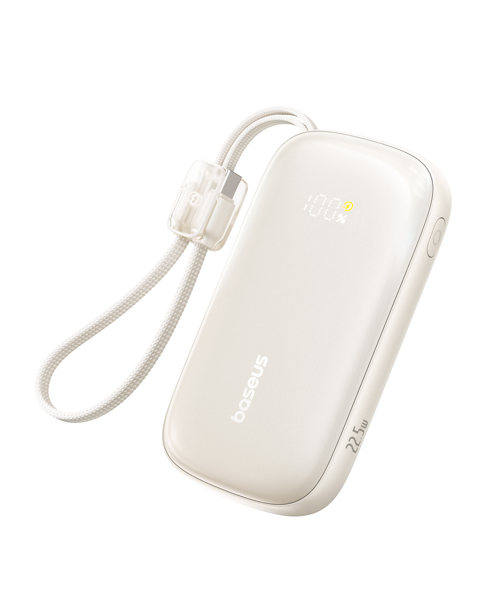 100% şarj ve 22,5w gösteren beyaz bir Baseus powerbank.