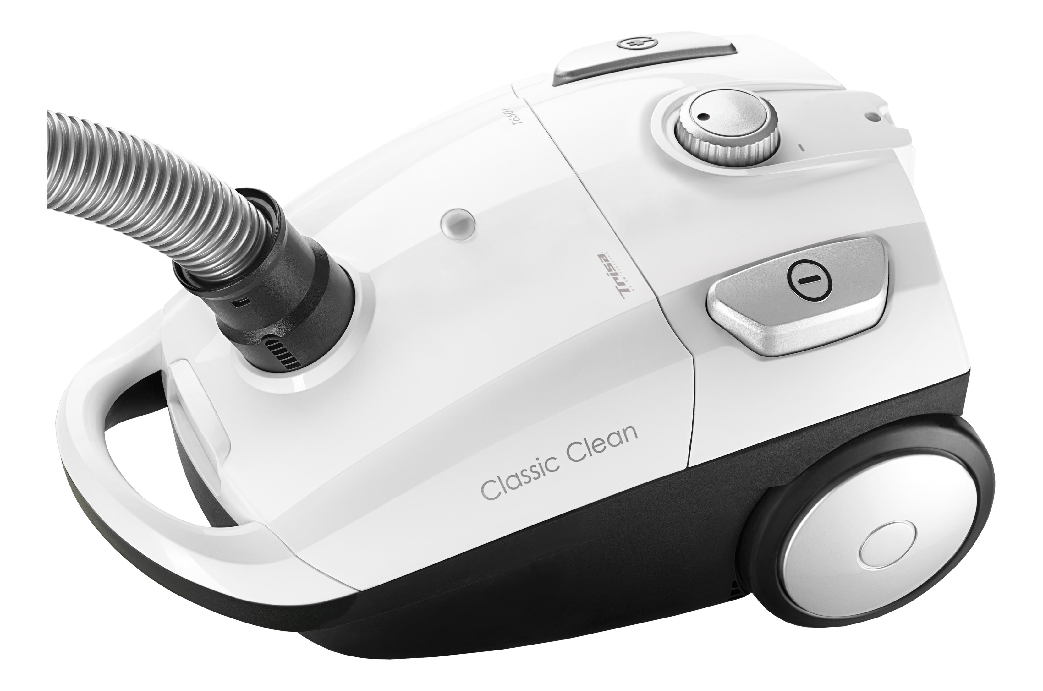 Un aspirateur blanc avec une base, un tuyau et des roues noires.