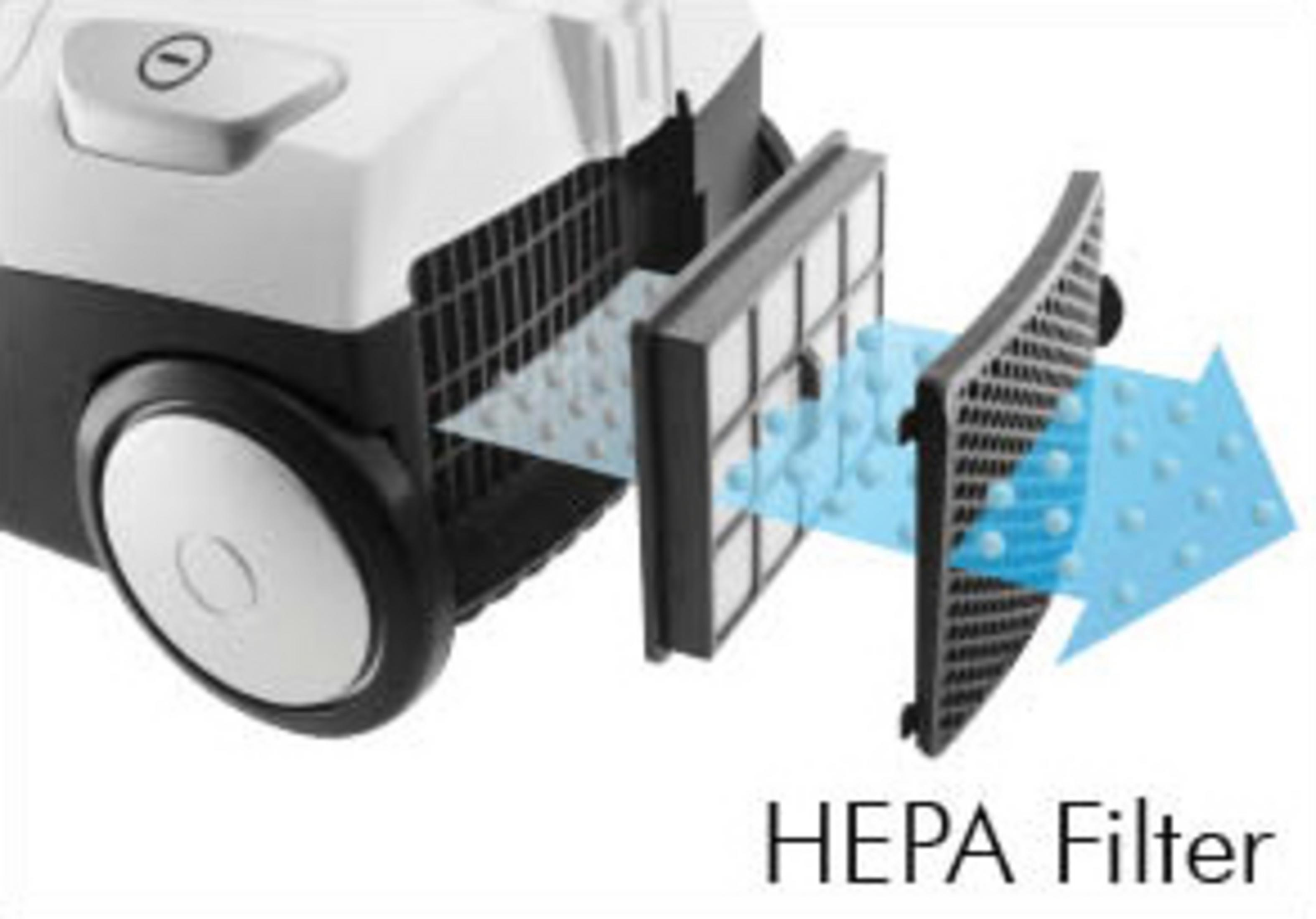 Un aspirateur blanc et noir avec filtre HEPA montré démonté. Le flux d'air est indiqué par des flèches bleues.