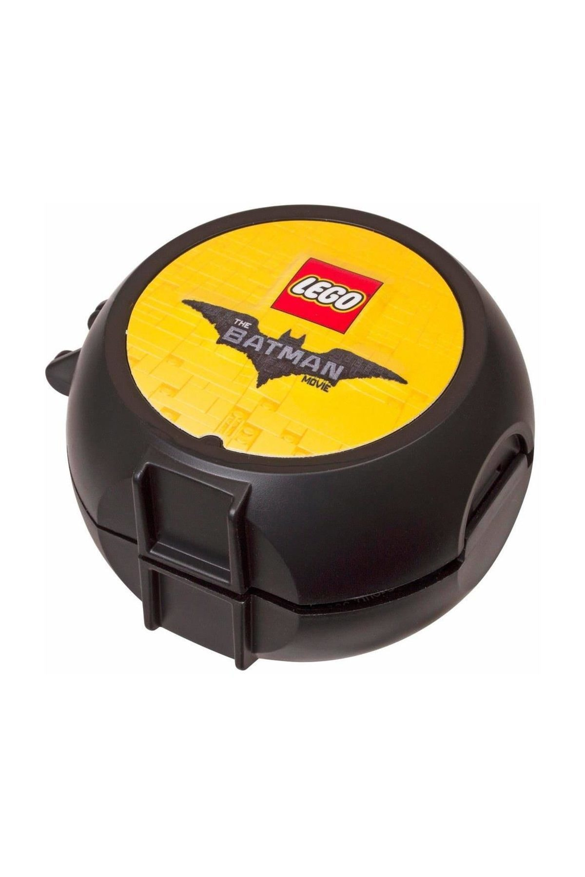 Scatola rotonda nera LEGO Batman Movie con coperchio giallo e simbolo Batman.