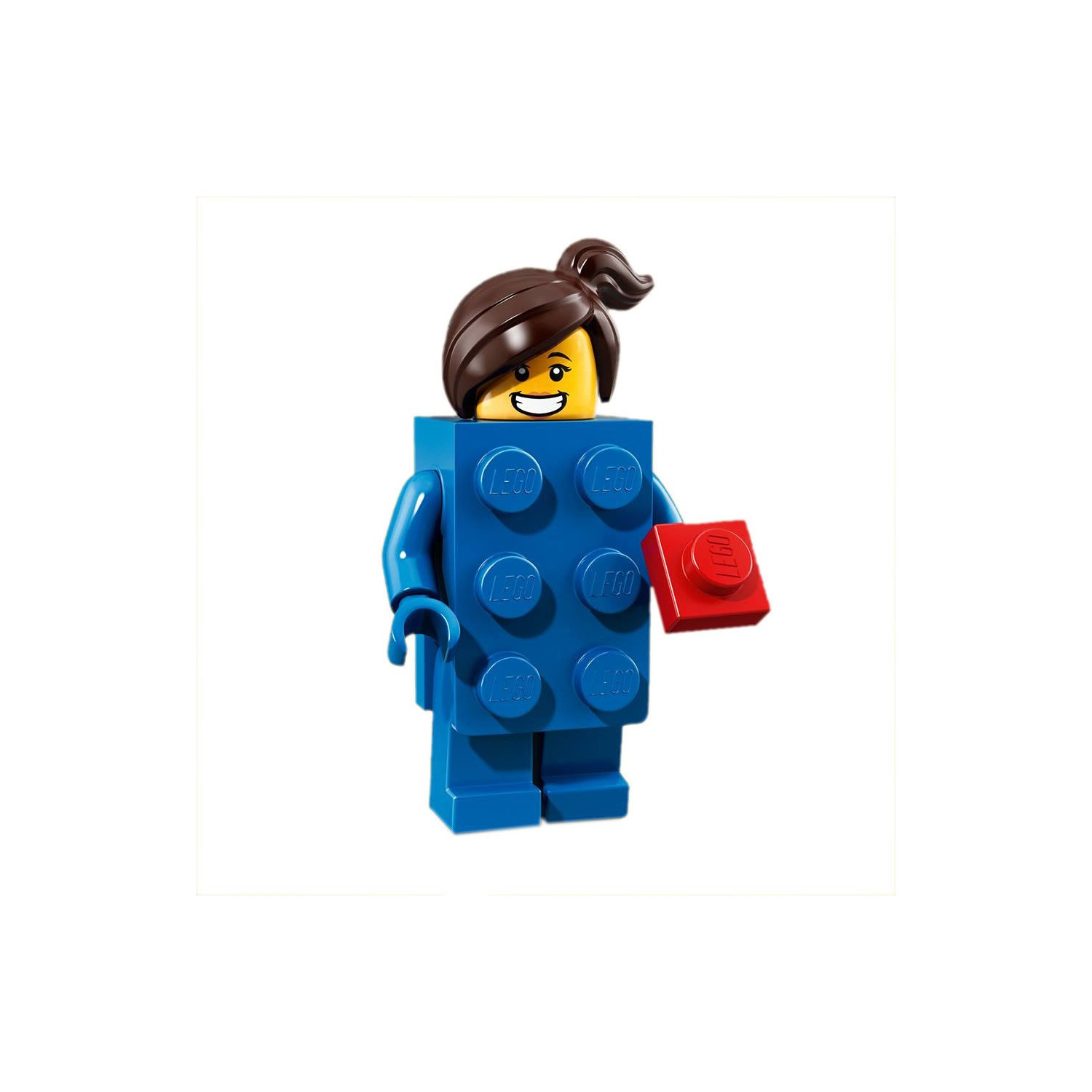 Kahverengi saçlı mavi Lego figürü kırmızı bir Lego tuğlası tutuyor.