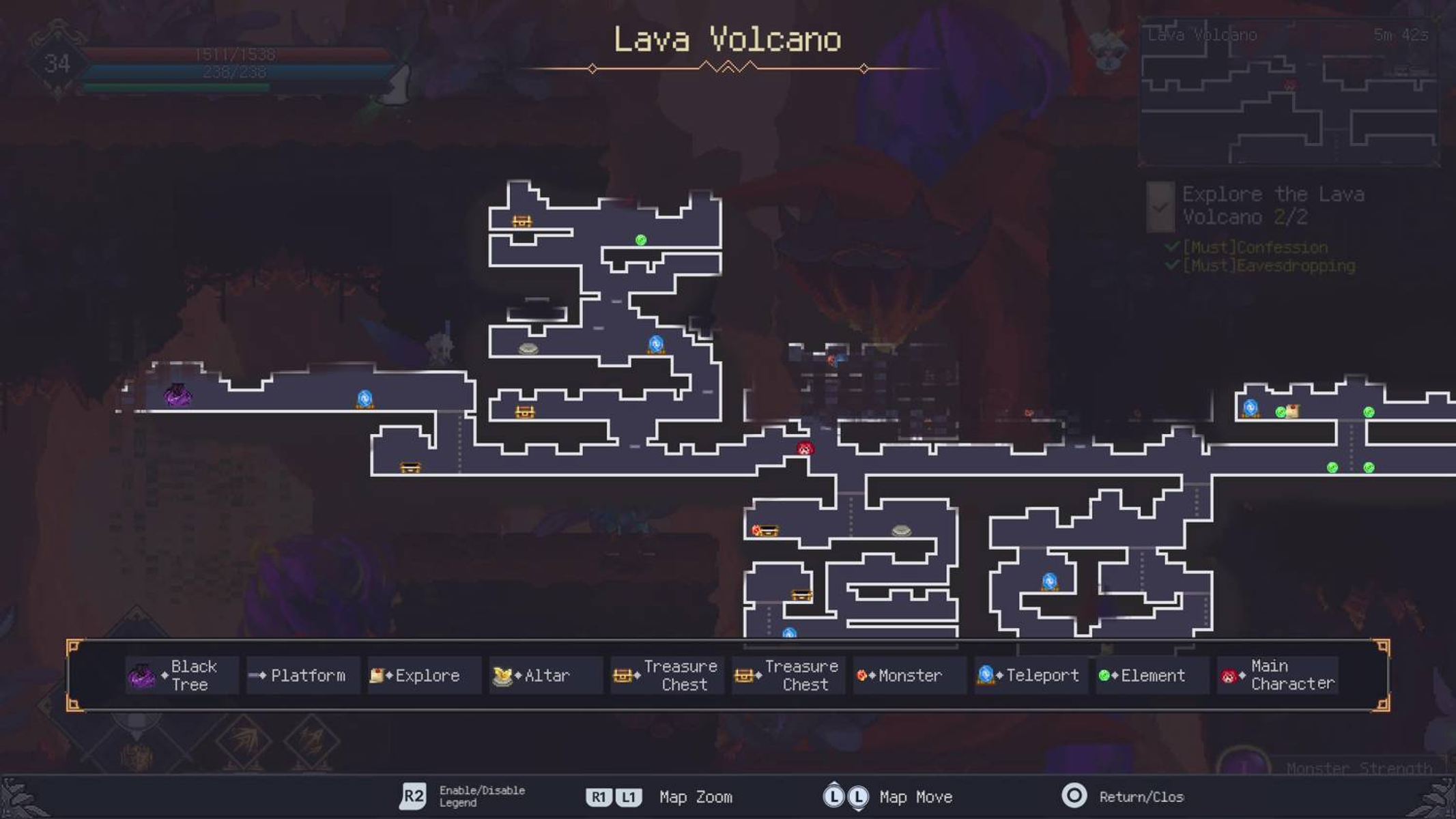 Mappa dell'area del Vulcano di Lava che mostra percorsi, forzieri e punti di interesse.