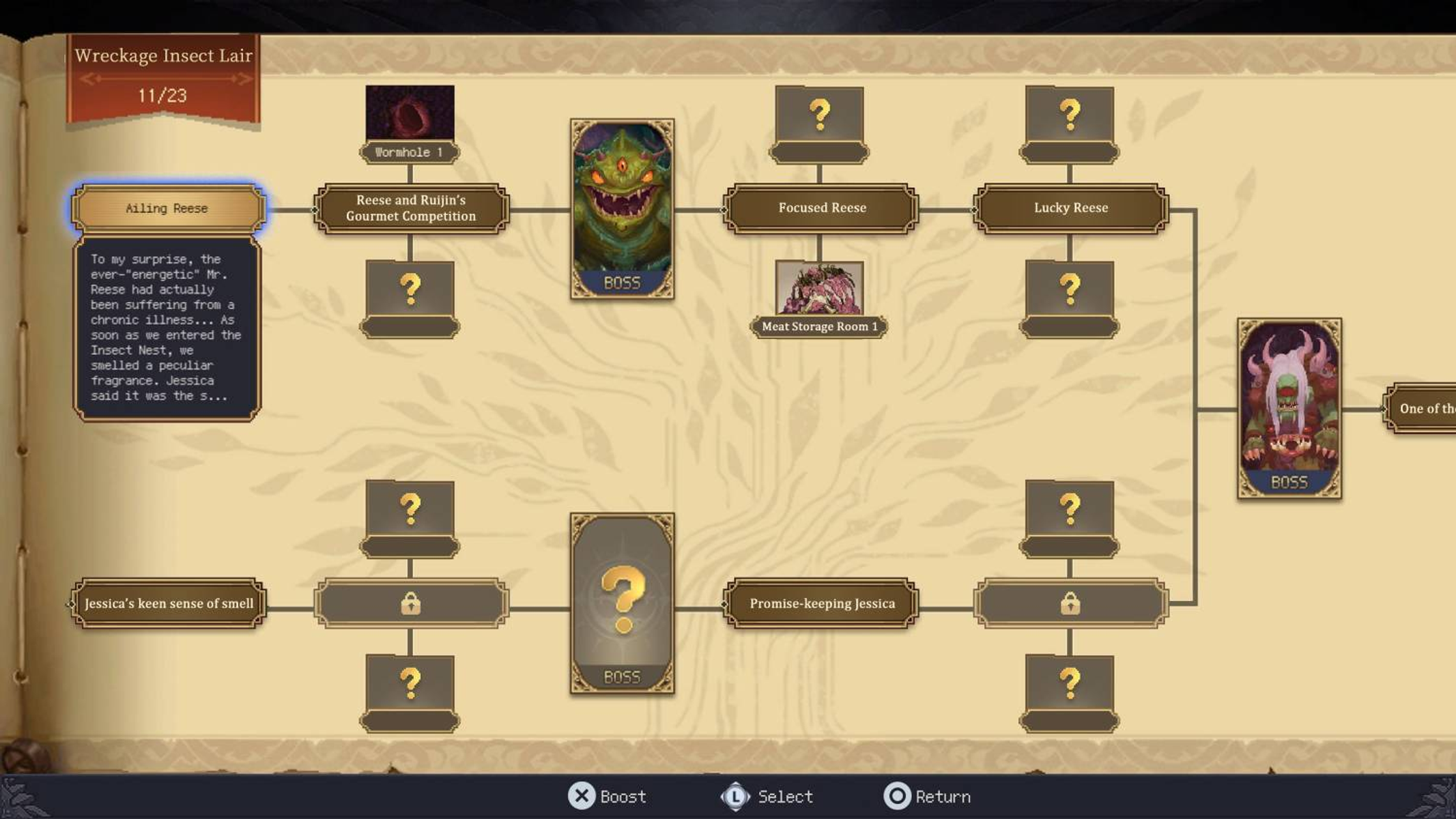 Un menu di gioco che mostra un albero delle abilità intitolato "Wreckage Insect Lair".