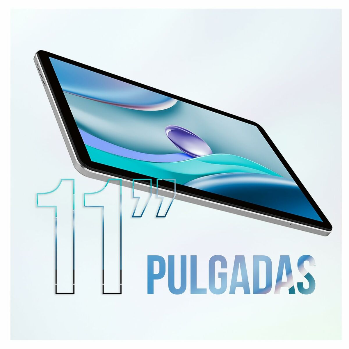 Un tablet argentato con uno sfondo astratto e la scritta "11 PULGADAS".