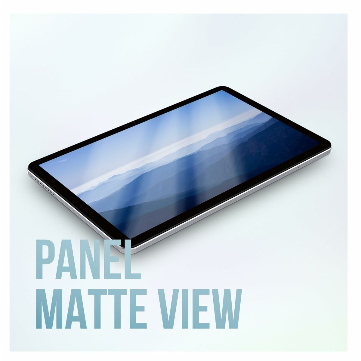 Un tablet visualizza un paesaggio montano blu, angolato su una superficie bianca.