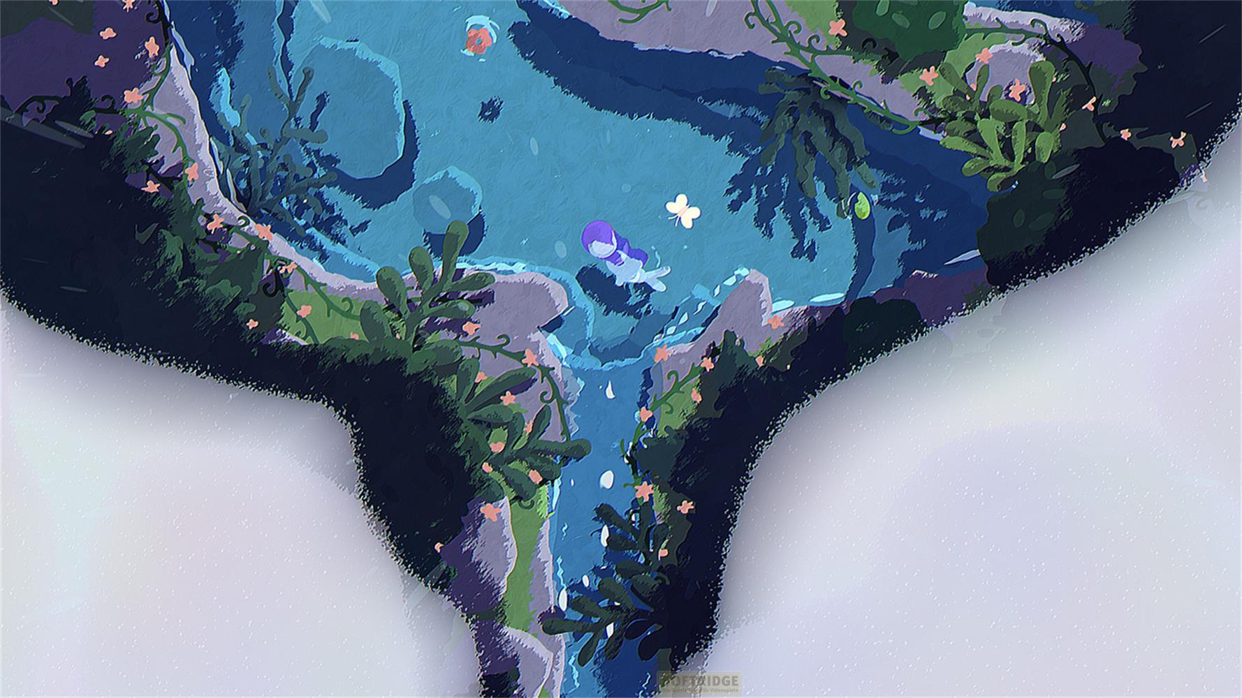 Eine Figur schwimmt in einem blauen Teich mit grünen Pflanzen und rosa Blumen.