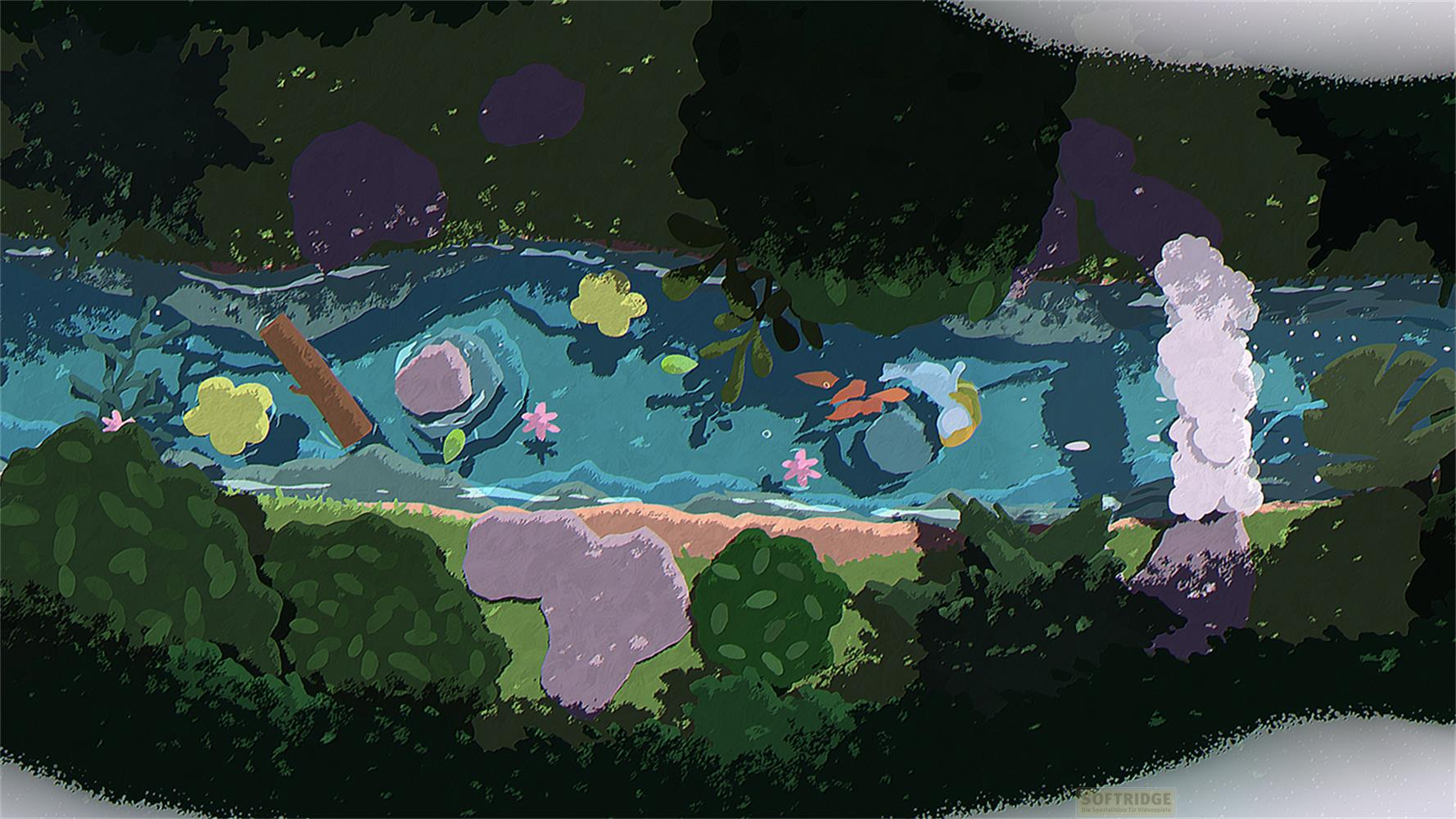 Eine von Bäumen gesäumte Flusslandschaft mit bunten Blumen und Felsen.