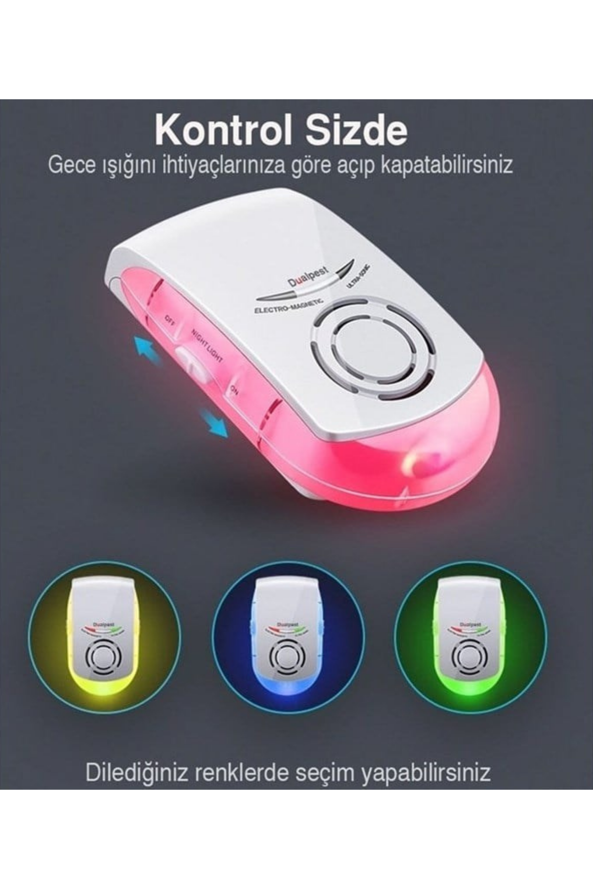 Altında pembe ve kırmızı ışığı olan beyaz bir haşere kovucu. Alttaki birden fazla görünüm, sarı, mavi ve yeşil aydınlatmayla gösteriyor.