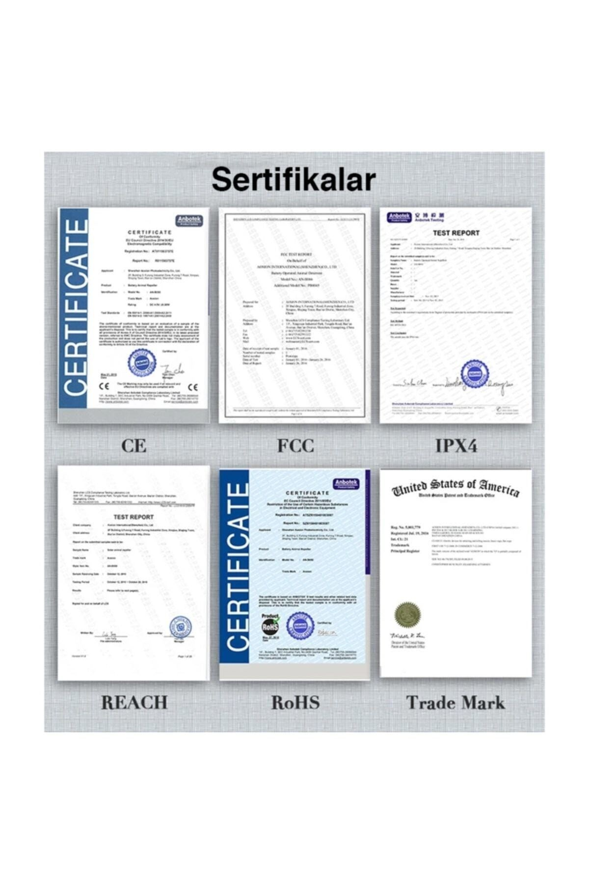 CE, FCC, IPX4, REACH, RoHS ve Ticari Marka dahil altı sertifika ve test raporu.