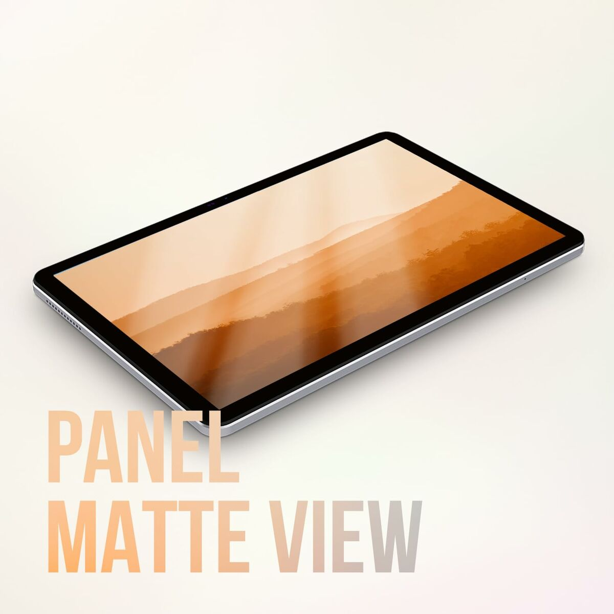 Ein modernes Tablet zeigt eine matte Landschaft aus orangefarbenen und beigen Bergen.