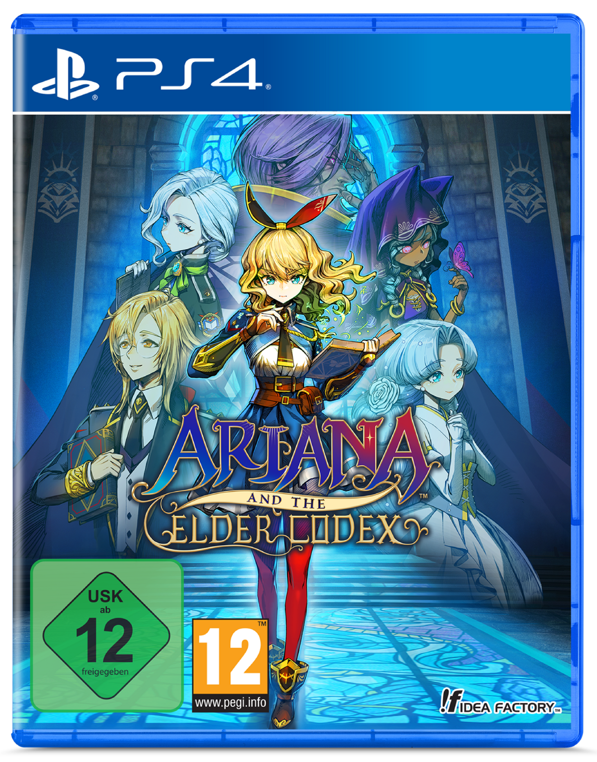 Copertina gioco PS4 con personaggi anime, farfalla e loghi di classificazione per età.