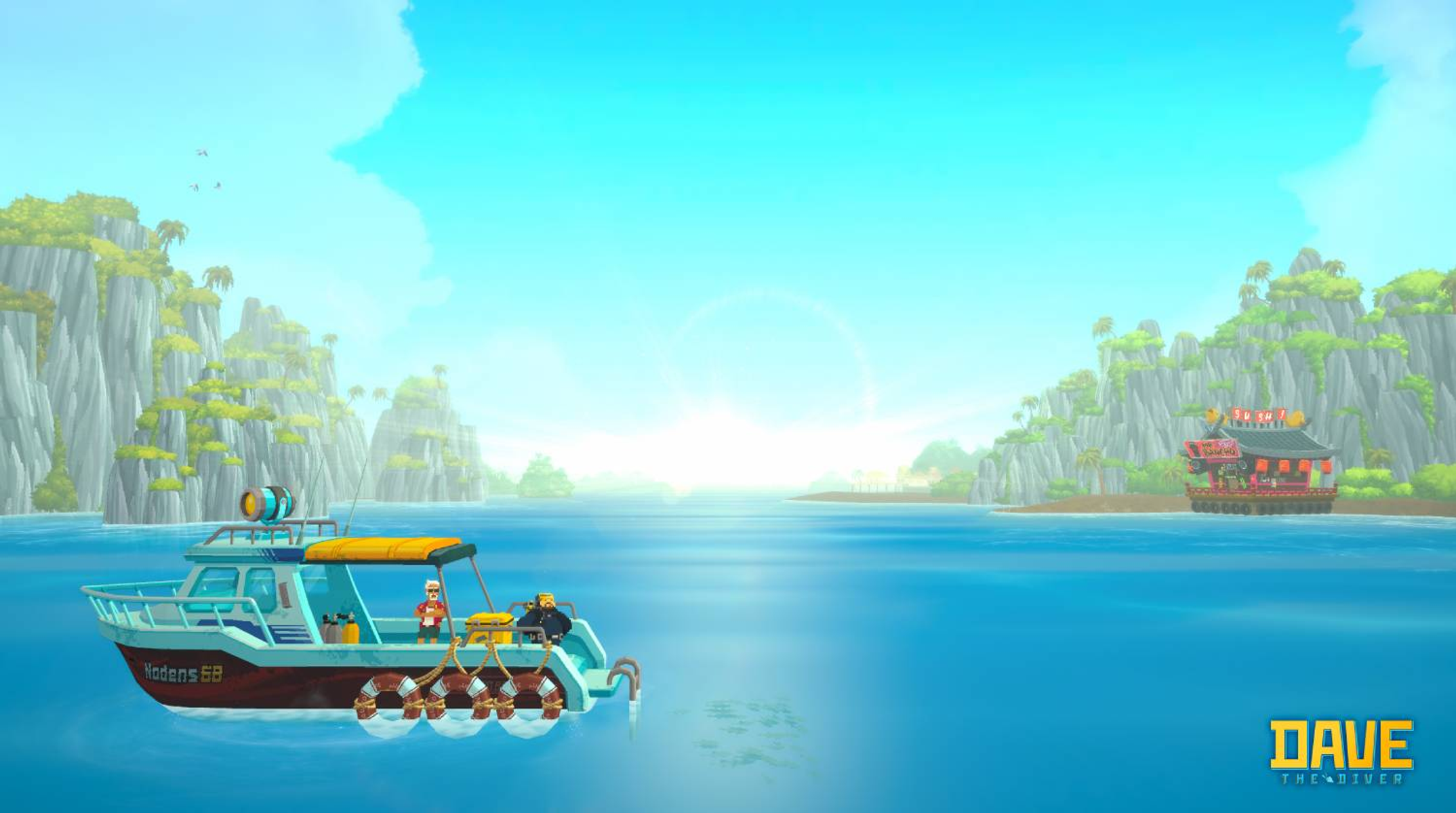 Un barco navega por el mar, pasando islas rocosas y un restaurante de sushi.