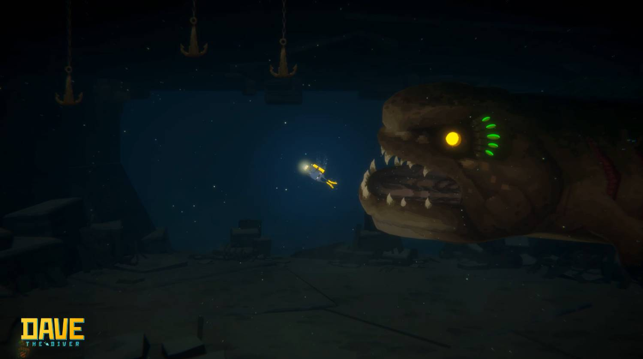 Un buzo nada cerca de un monstruo gigante en el océano oscuro.