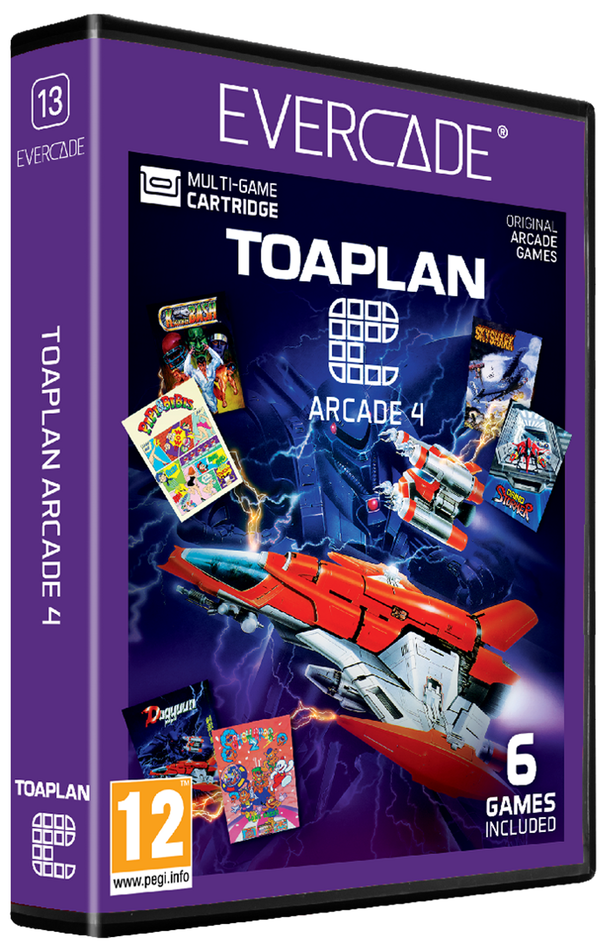 Custodia Evercade per Toaplan Arcade 4 con astronavi e copertine.