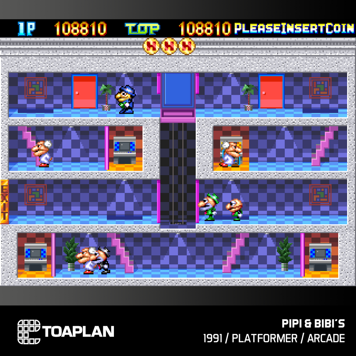 Gioco arcade retrò con grafica pixel, ambientato su più livelli.