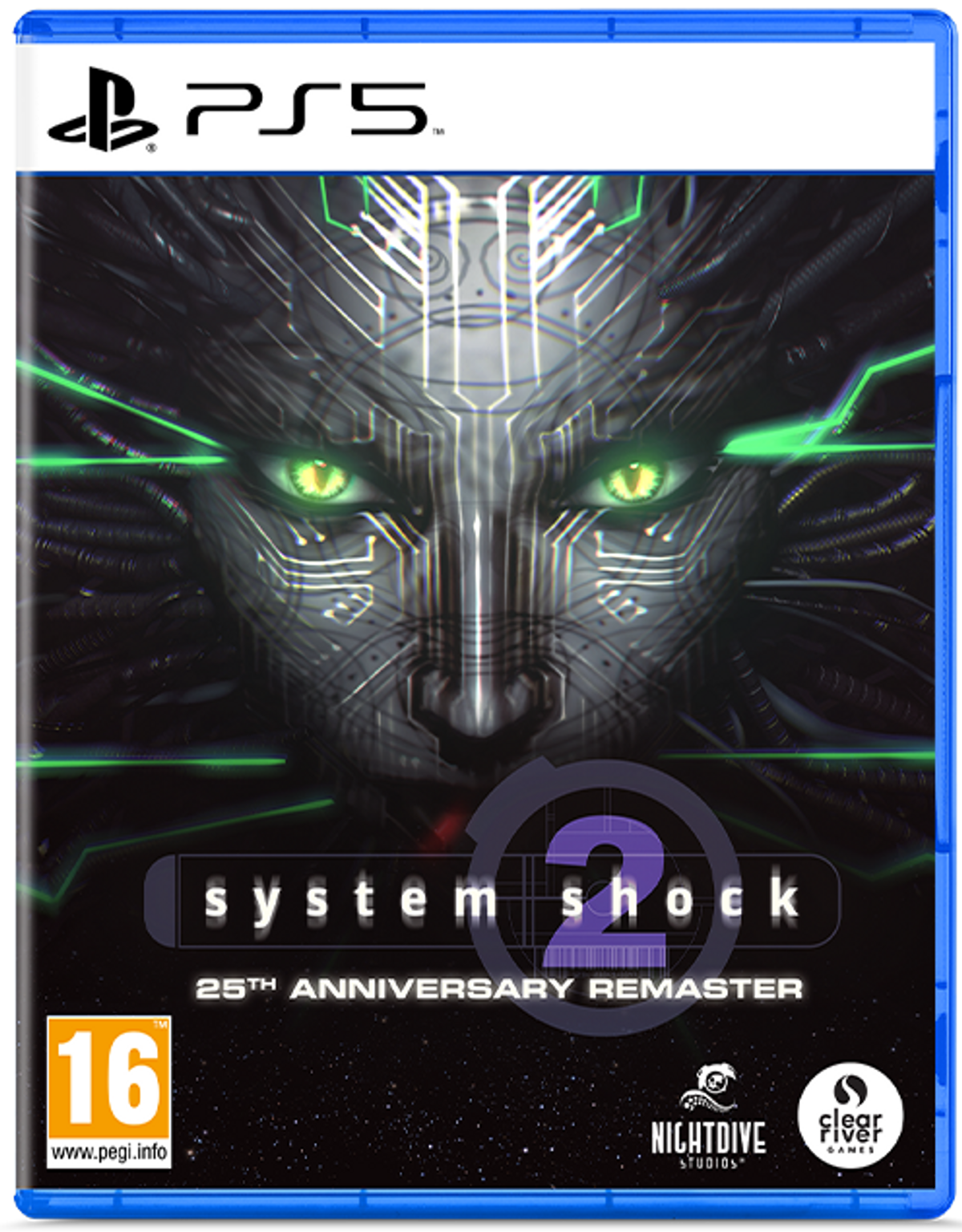 Copertina: Gioco PS5 "System Shock 2" con volto cibernetico, occhi verdi.