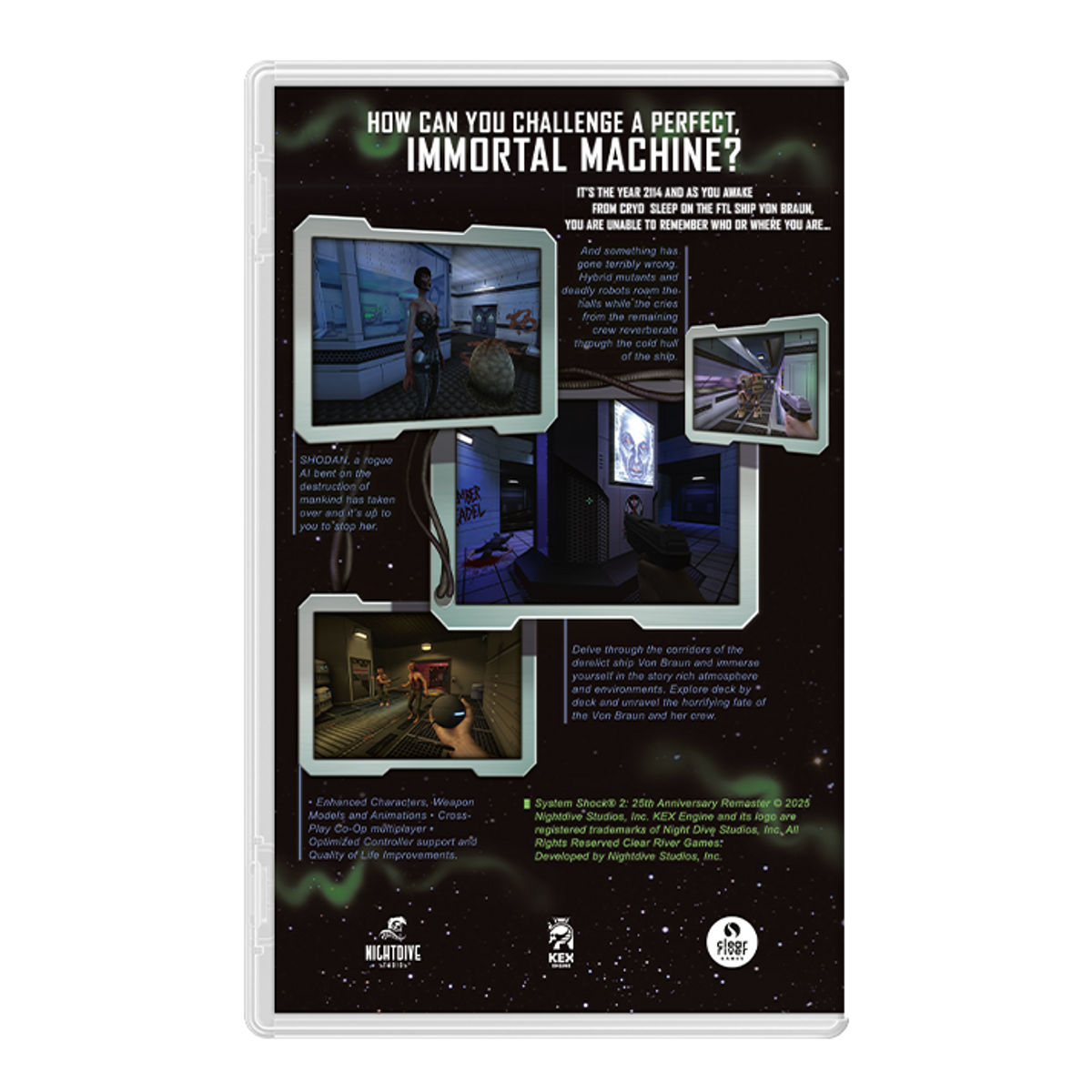 Portada de System Shock 2: 25th Anniversary Remaster con jugabilidad y texto.