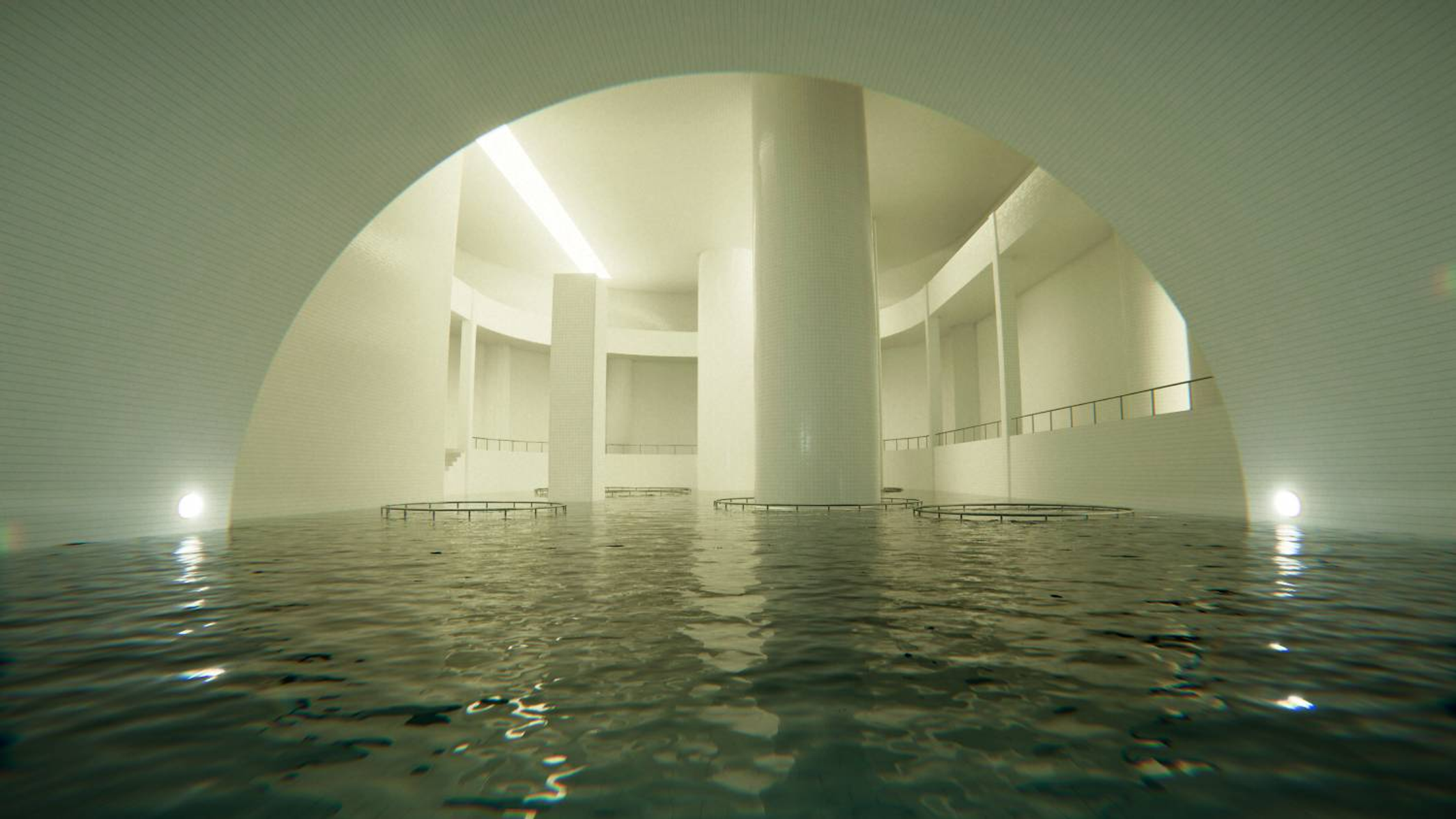 Una grande sala piastrellata di bianco con una piscina e colonne.