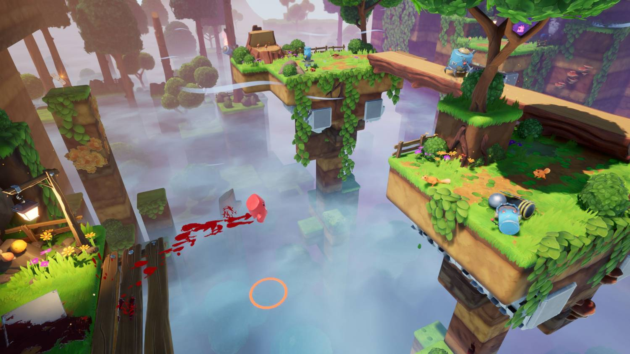 Un mondo di gioco con isole fluttuanti, un personaggio rosso e nebbia.