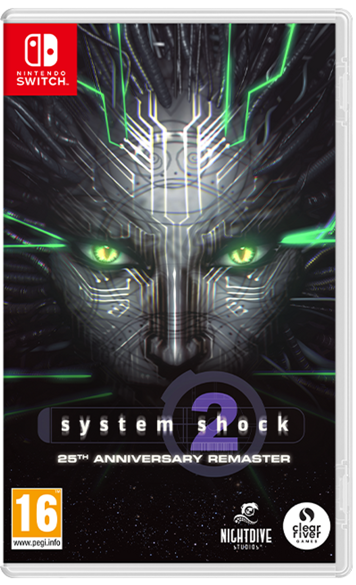 Copertina di System Shock 2 Remaster per Nintendo Switch con volto cibernetico.