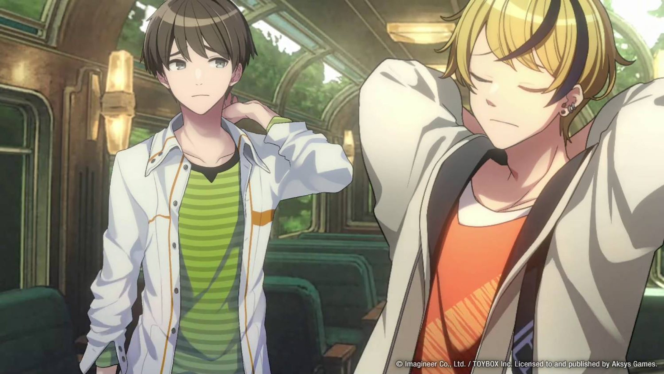 Dos chicos de anime en un vagón de tren. Uno lleva una camisa de rayas verdes.