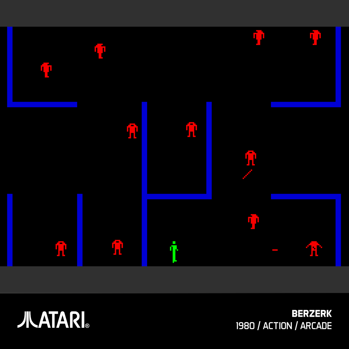 Zielony gracz staje naprzeciw czerwonych wrogów w labiryncie. Logo Atari i tytuł gry na dole.