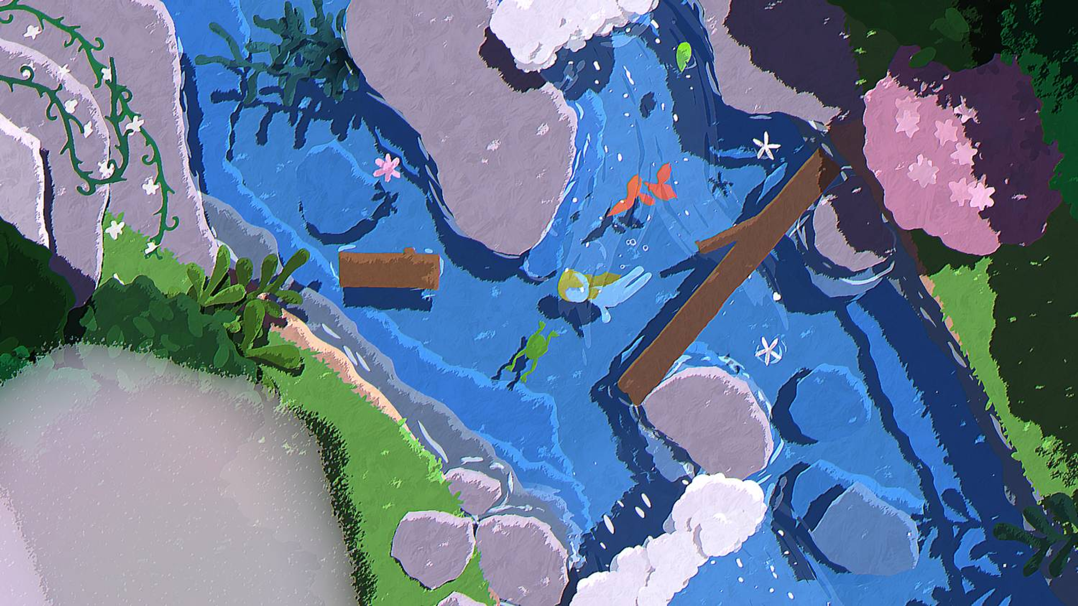 Zwei Figuren schwimmen in einem blauen Fluss mit Fischen und Steinen.