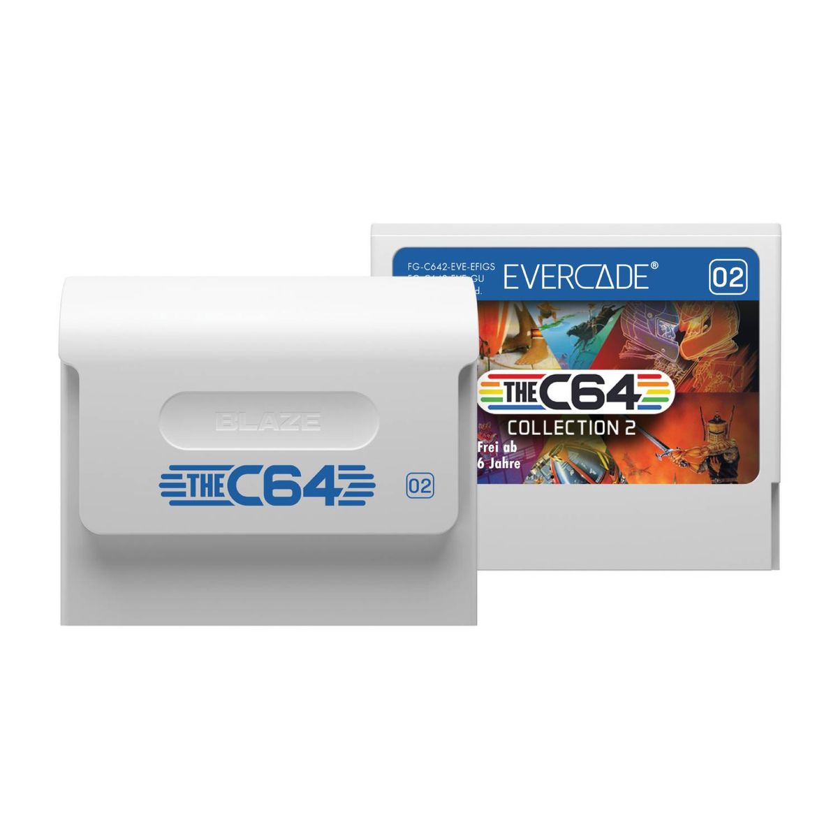 Dos cartuchos de juego Evercade C64, uno blanco con "BLAZE THE C64", uno con arte.