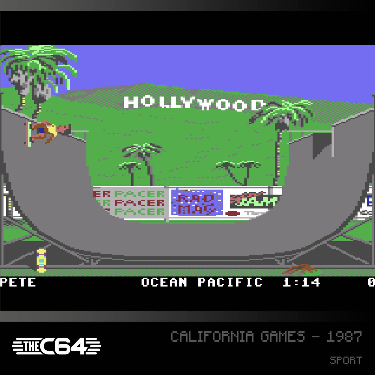 Patinador en rampa de Hollywood. Señal "HOLLYWOOD", palmeras, logo "CALIFORNIA GAMES".