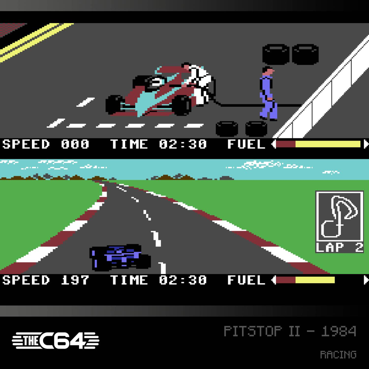 Juego de carreras retro: coche en boxes, luego en pista. Velocidad, tiempo, combustible mostrados.