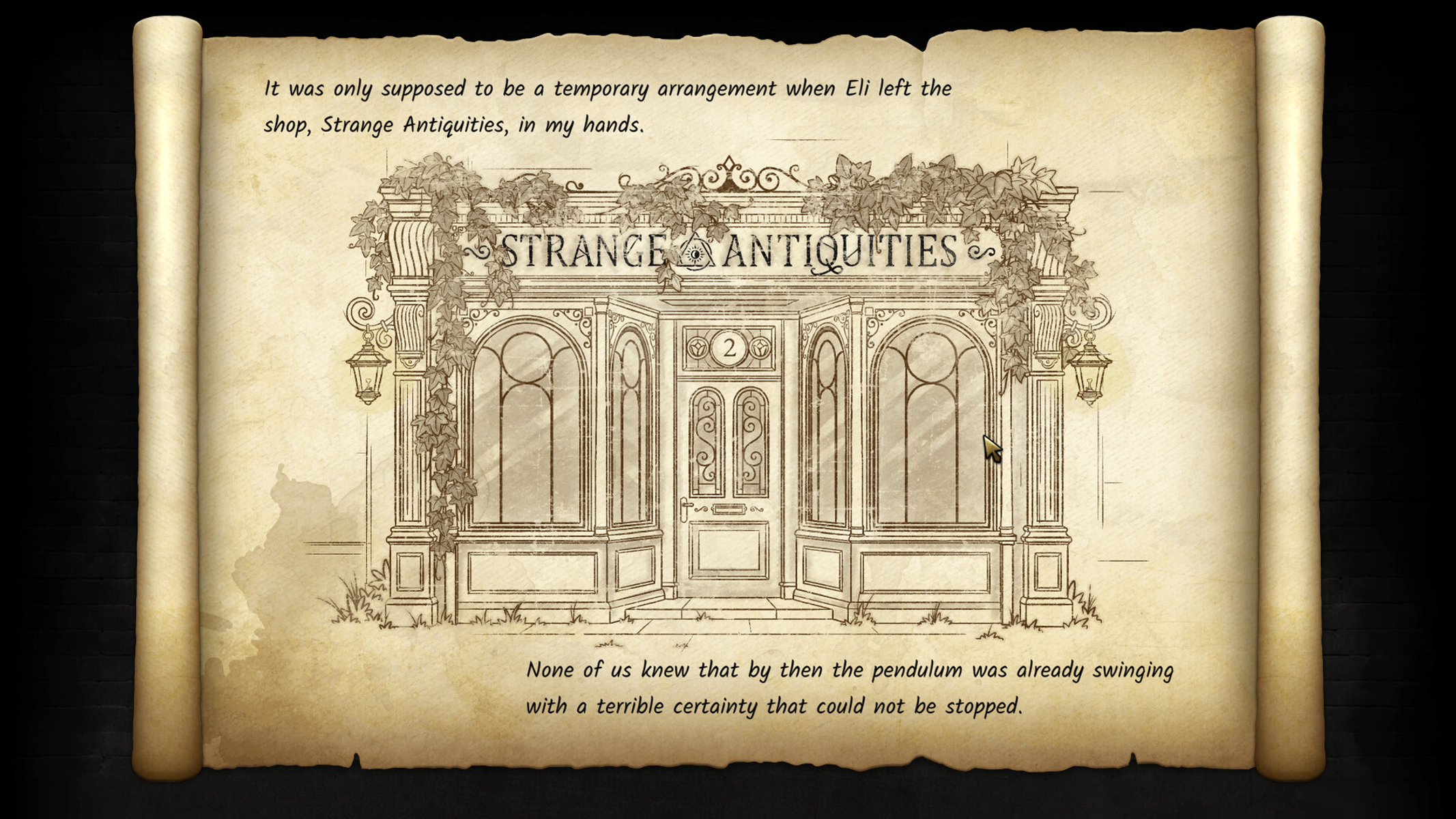 Eine Zeichnung eines viktorianischen Ladens namens 'Strange Antiquities'.