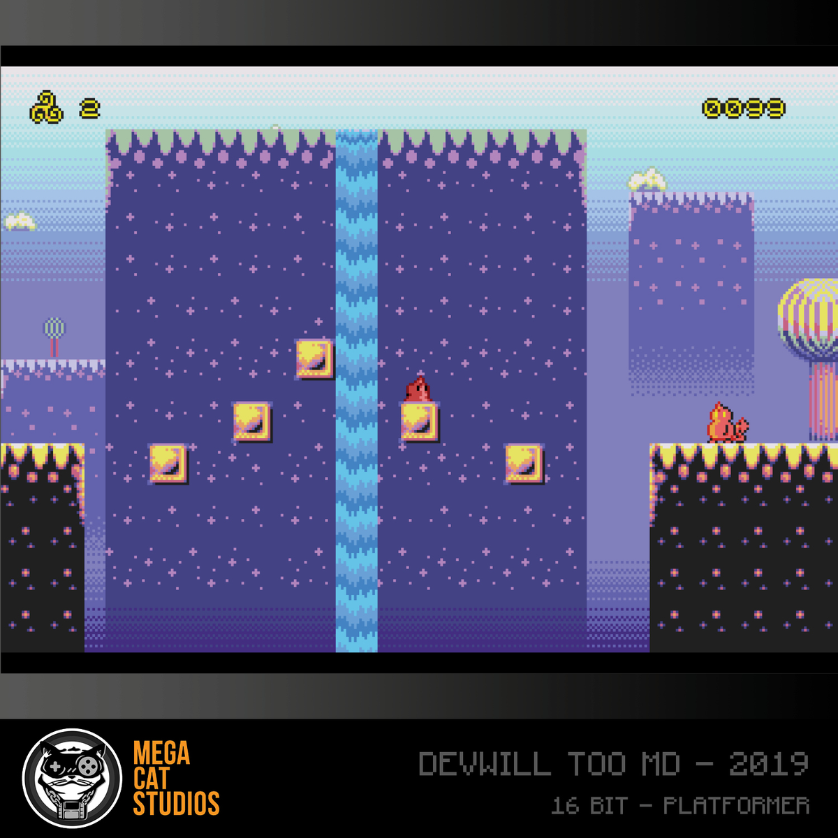 Gioco platformer pixel art con cielo viola, cascata e piattaforme fluttuanti.