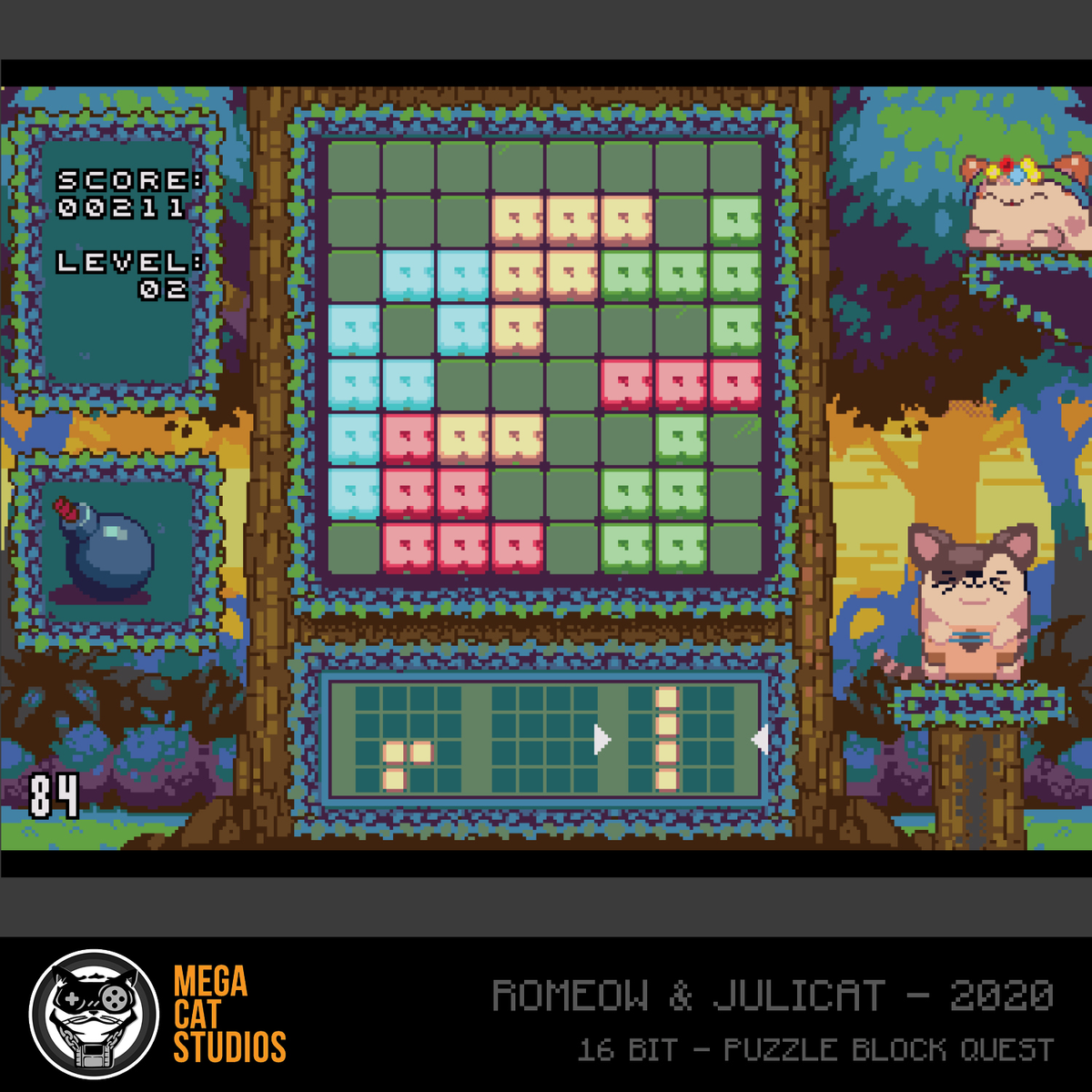 Schermata di gioco pixel art con blocchi che cadono, punteggio e livello.