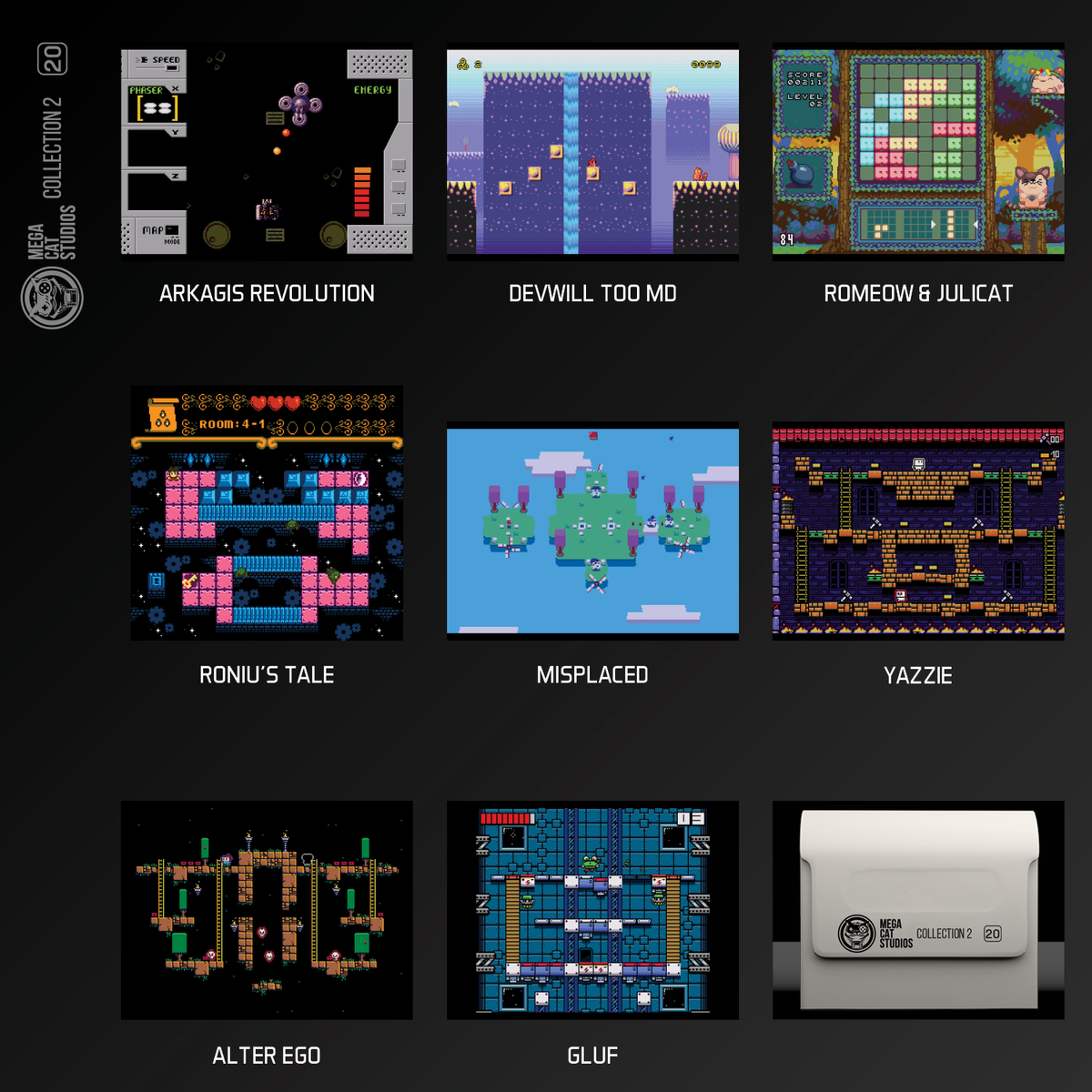Una griglia di nove screenshot di videogiochi, che mostrano vari giochi in pixel art stile retrò con temi diversi.