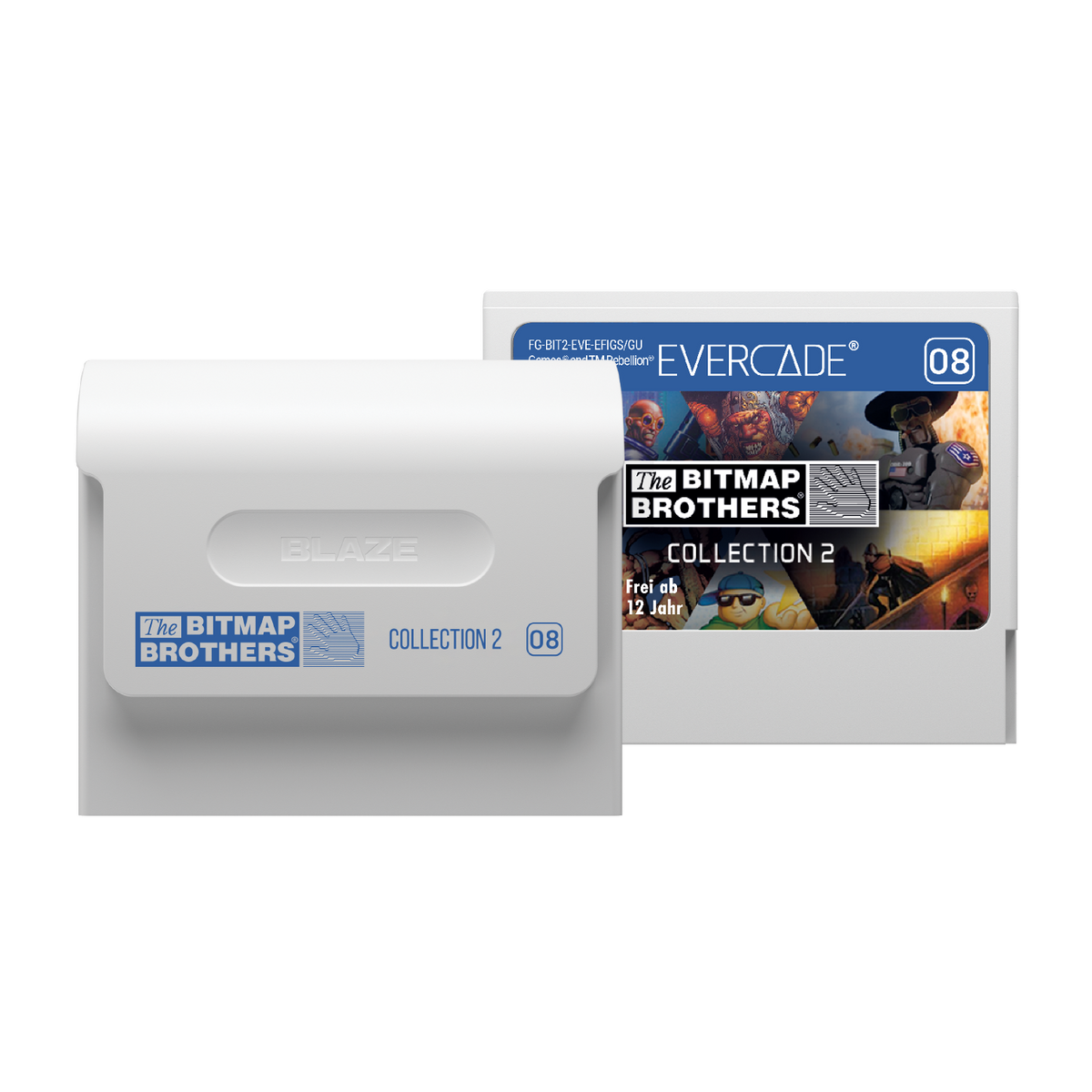 Dos cartuchos de juego blancos, uno etiquetado "The Bitmap Brothers Collection 2".