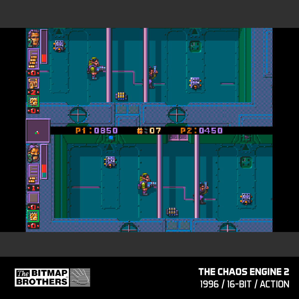 Dos jugadores jugando un videojuego de pixel art. Puntuación P1:0850, P2:0450.