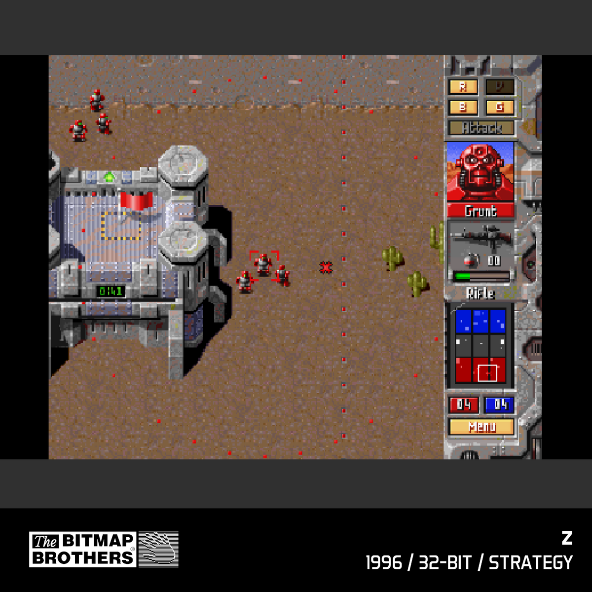 Juego de estrategia retro con soldados, edificios e interfaz de usuario.