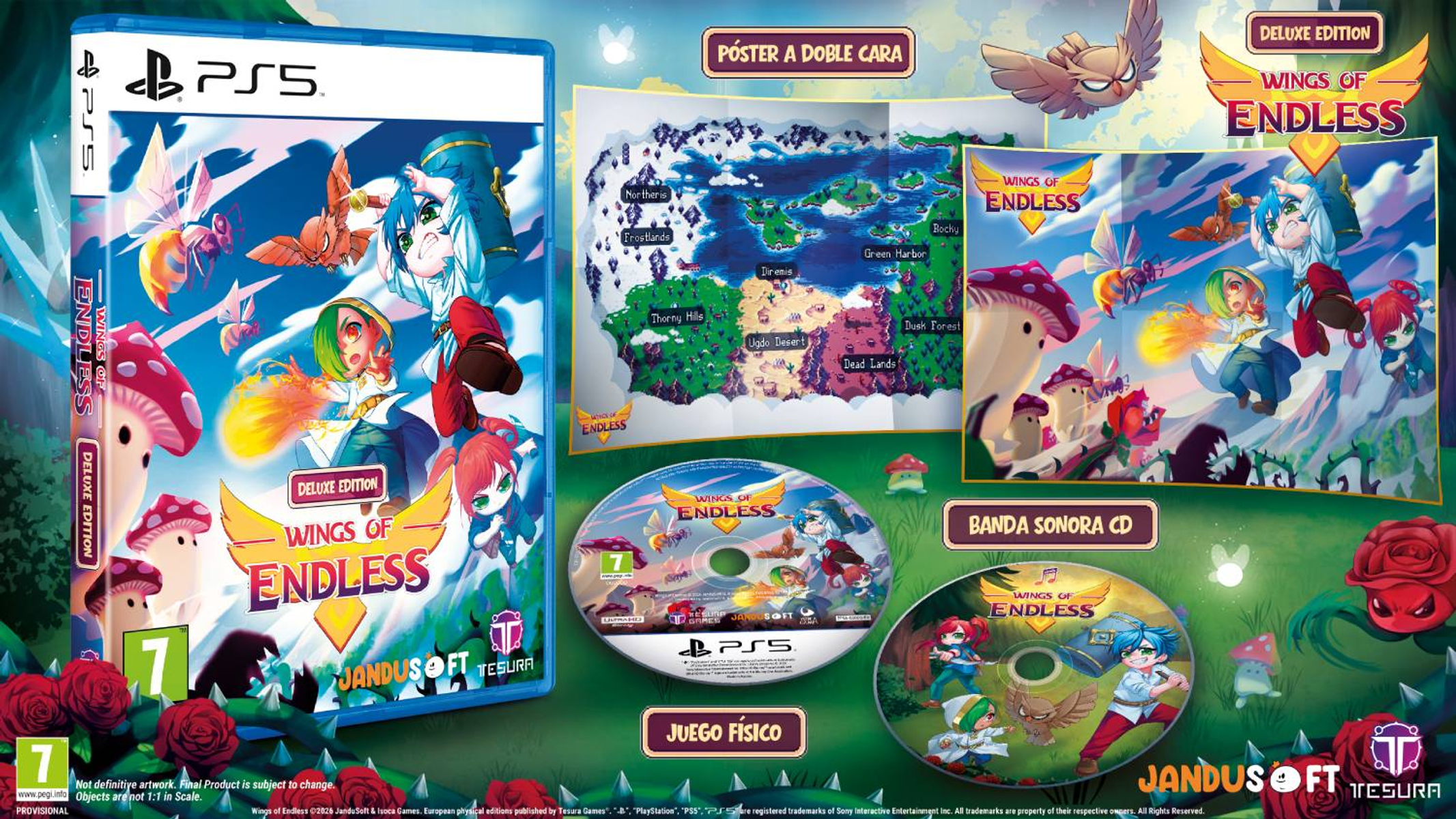 Caja del juego Wings of Endless PS5, mapa, CDs y arte. Presenta personajes de anime y rosas rojas.