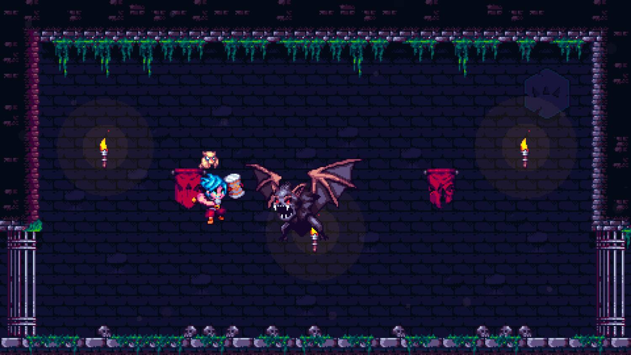 Una chica de pelo azul lucha contra un murciélago en un castillo oscuro.